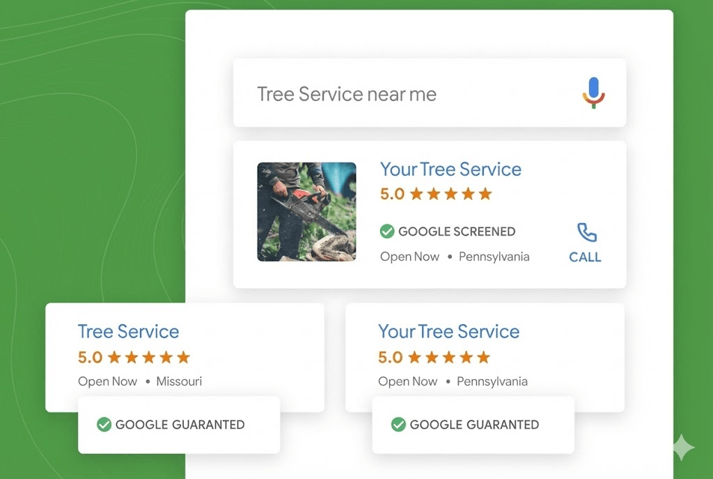 SEO trend chart showing rising map pack impressions for a tree service company
