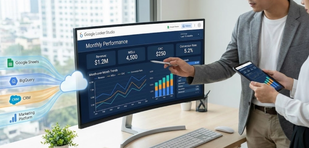 Dashboard view showing how tree service marketing data is consolidated in Looker Studio or CallRail to track monthly lead and revenue performance.