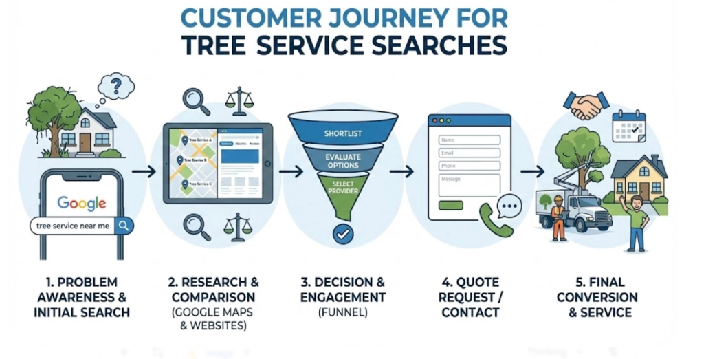  Infographic showing the full customer journey for tree service searches. It displays steps from Google search to website visit, quote request, and final booking. Includes search bars, mobile screens, map pins, and a conversion funnel visual.